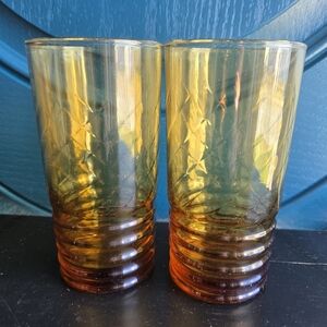 Vintage MCM Set of 2 Libbey Malibu Gold Ribbed Honey Amber Glasses